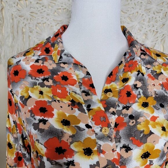 Ms Bella D Floral Long Sleeve Tie Hip Blouse Orange Gray Pink Size Small - Picture 12 of 14